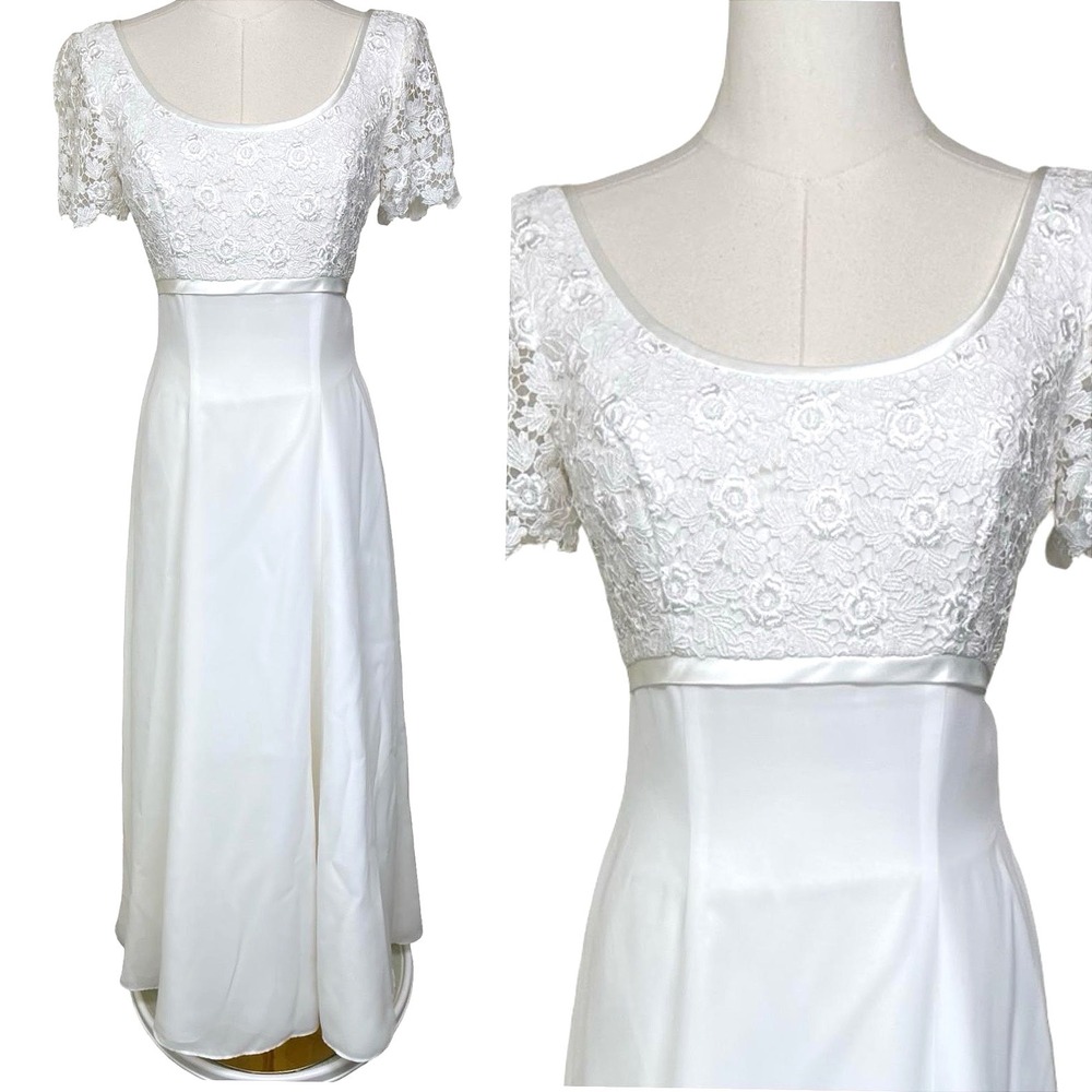 Vintage Lace Bodice Wedding Dress Women 6 White Empire Waist Maxi Gown Mod Retro